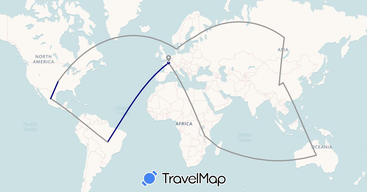 TravelMap itinerary: driving, plane in Australia, Brazil, China, Denmark, Finland, France, Madagascar, Mexico, Russia, United States (Africa, Asia, Europe, North America, Oceania, South America)